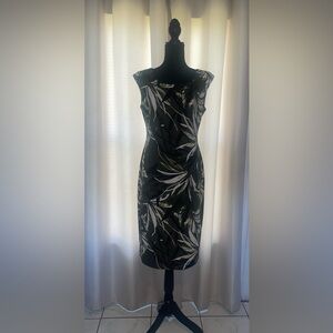 Elegant Black and Green Leaf Print Dress